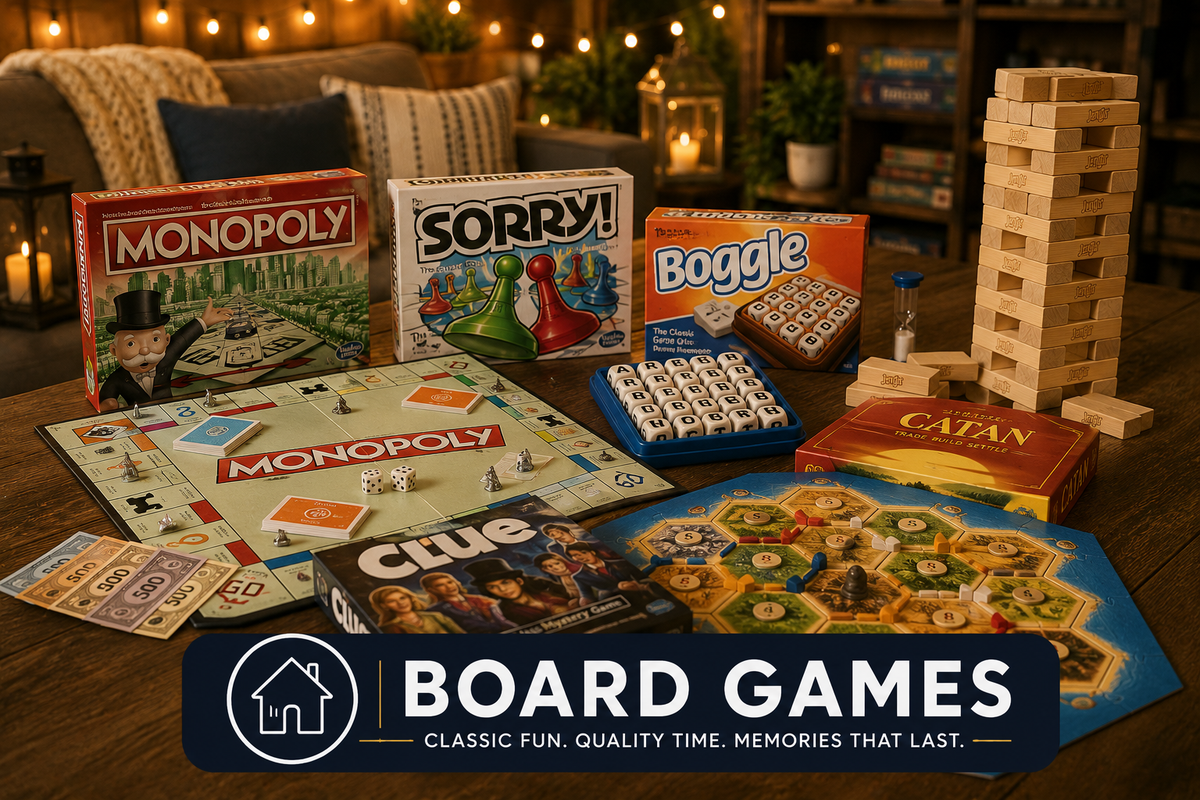 Board games arranged for a cozy game night
