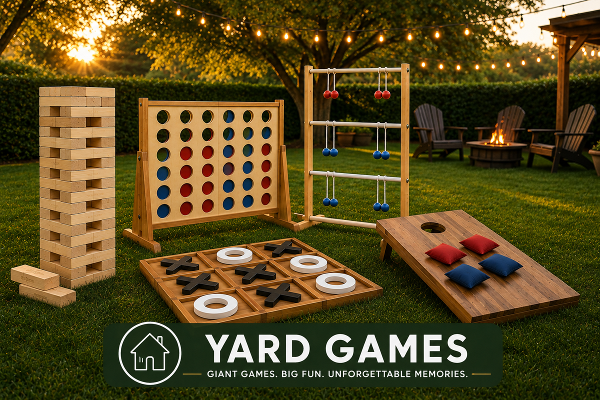 Yard games set up for an outdoor gathering